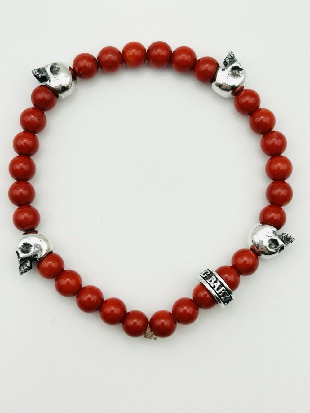 King Baby 6MM Red Coral Bead Bracelet with 4 Skulls 6.5-7" Stretchable Bracelet